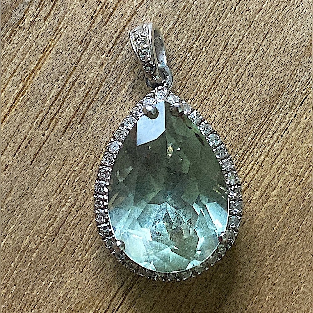 Green Quartz & White Topaz Teardrop Halo Pendant Necklace in Sterling Silver 925